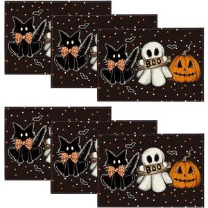 Artoid Mode Polka Dot Ghost Pumpkin Cat Boo Halloween Placemats Set of 6, 12x18 Inch Seasonal Fall Table Mats for Party Kitchen Dining Decoration (Black)