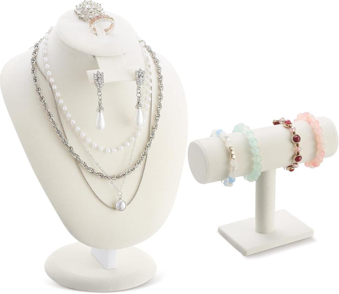 RattanView 2 Pcs Beige Velvet Jewelry Display Set Necklace Mannequin Bust Stand T Bar Bracelet Holder for Retail Home Decor