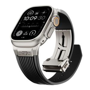 Watch Band for Apple Watch Ultra 2 Band 49mm 46mm 45mm 44mm, Men Luxury Rugged Silicone Rubber Strap with Metal Connector & Folding Clasp for iWatch Series 10 9 8 7 6 5 4 3 2 1 SE