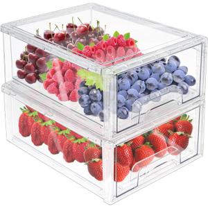 MANO 2Pack Clear Fridge Drawers Pull Out Stackable Refrigerator Drawer Organizer Bins Pantry Storage Box Plastic Food Containers for Kitchen Bathroom Office Closet (Large) (2L)