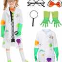 Kids Mad Scientist Costume with Eyeglass Frames Bow Tie Gloves Magnifying Glasses 5Pc Kids Lab Coat Halloween Dress Up (2-4T)