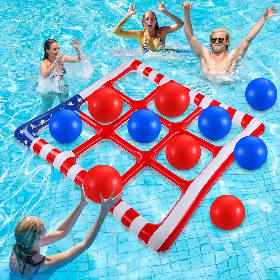 Hollowfly 4th of July Pool Toy Set Tic-tac-Toe Inflatable Pool Floats, 250th Anniversary Flag Swimming Float Toy with 10 Balls for Adults Independence Day Summer Beach Memorial Veterans Party, Patriotic