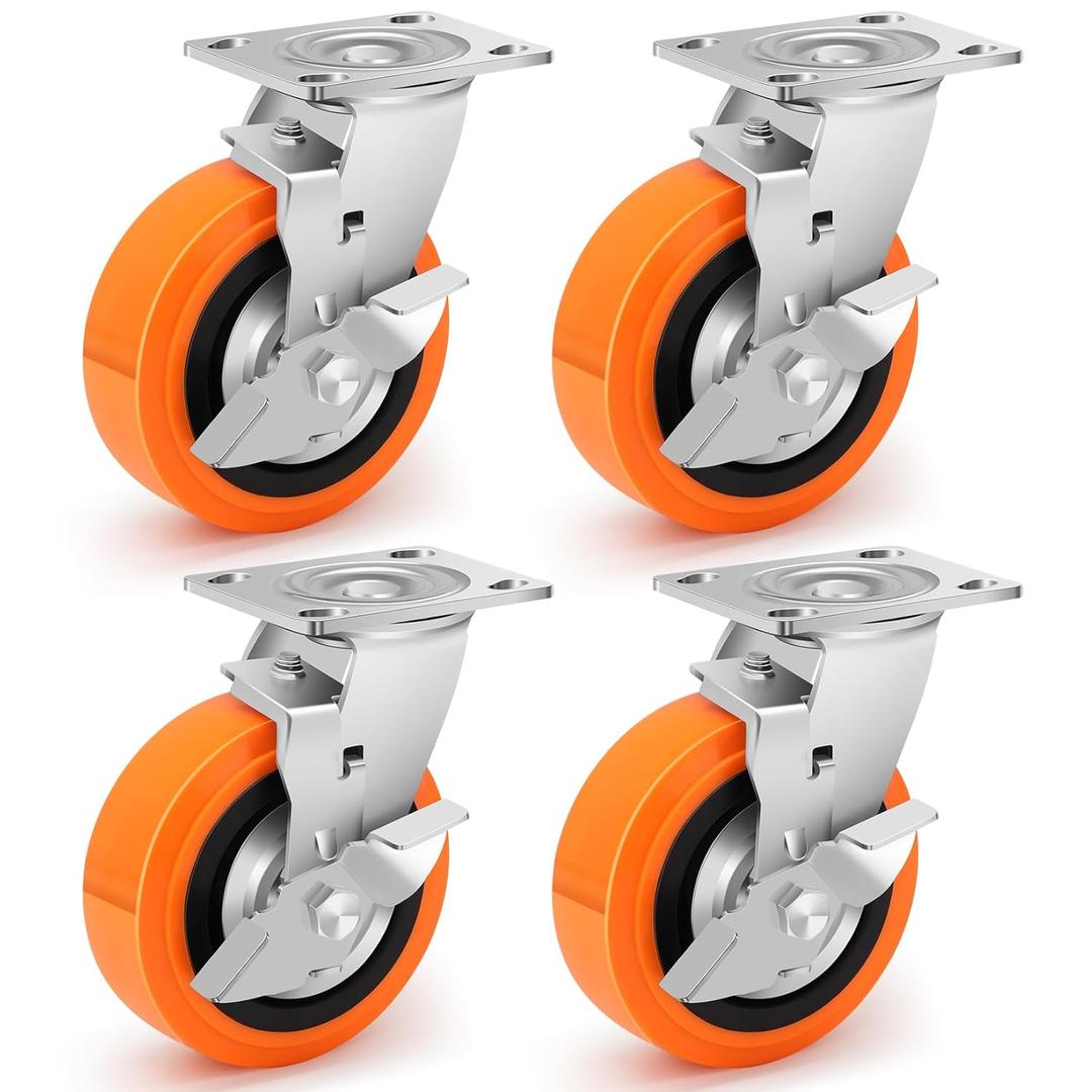 6 Inch Industrial Casters - Castor Wheels Sets 4 Heavy Duty with Dual Ball Bearing, Polyurethane Wheel Capacity up to 4500 lbs, Plate Swivel Wheels for Workbench, Equipment(4 Brake)
