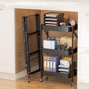 JAQ No Assembly Required Under Desk Rolling Cart, 3-Tier Foldable Metal Utility Cart, 26.8" Low Profile Storage Cart with Wheels, 10" Narrow Small Space Organizer, Black