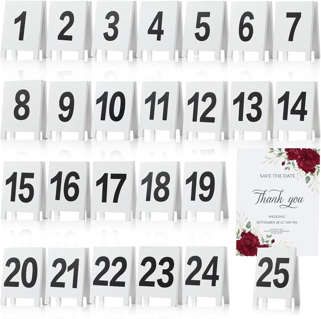 25 Pcs Table Numbers 1-25 Double-sided Wooden Tent Table Numbers Holders Place Card Holder Stands for Wedding Party Event Catering Receptions Banquets Bistro Coffee Shops (White)