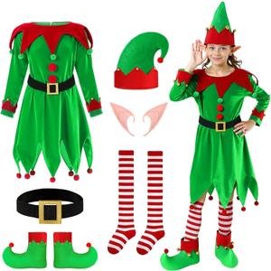Christmas Elf Costume for Boys - 6PCS Santa's Helper Costume - Velvet Elf Outfit Set for Kids Christmas Party (Medium(8-10 Years))