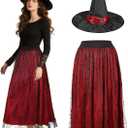 Halloween Skirts for Women with Witch Hat Velvet Bats Mesh Tulle Midi Skirt for Costume Party Outfit (Small-Medium, Red)