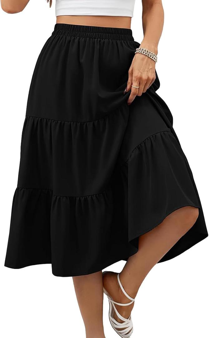 Lyrur Skirts for Women Elastic Waist Aline Tiered Ruffle Casual Beach Summer Midi Black Skirt with Pockets(S, 9193-Black)