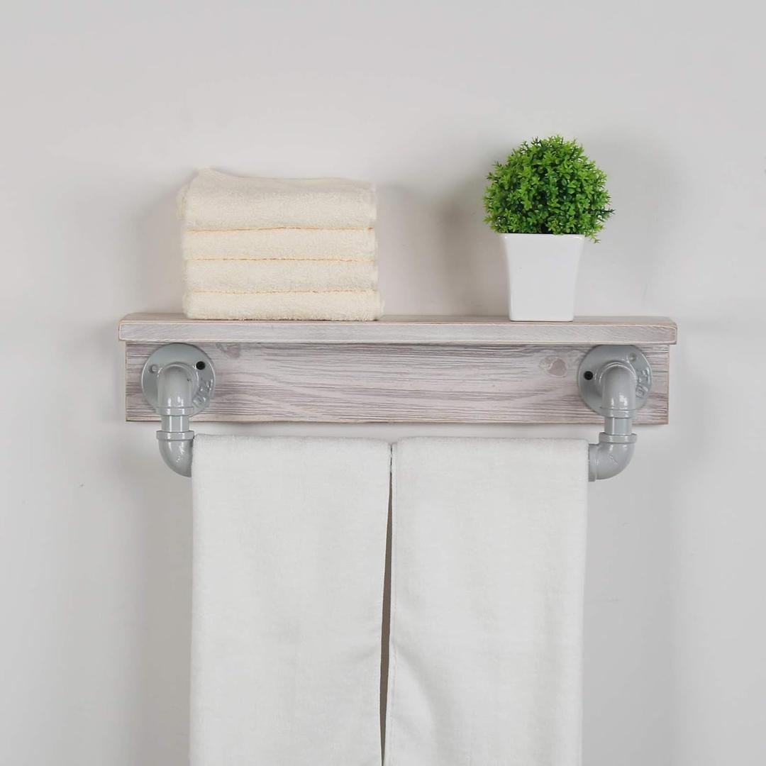 MBQQ Industrial Pipe Shelf,Rustic Wall Shelf with Towel Bar,20" Farmhouse Towel Racks for Bathroom,Floating Shelves Wall Mounted Home Decor Wooden Shelving,Retro White, 20in