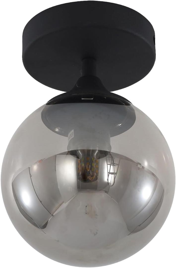 KCO Lighting Mid Century Modern Black Semi Flush Mount Ceiling Light Smoke Grey Globe Glass Ceiling Light Industrial Hallway Close to Ceiling Lights for Porch Bedroom Living Room