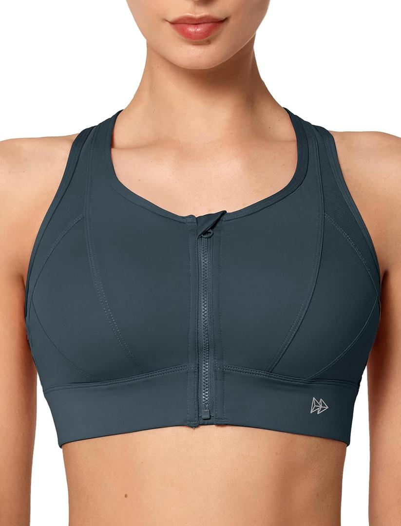 Yvette High Impact Zip Front Sports Bra Mesh Racerback Workout High Support Sports Bras for Women Large Breasts (Medium, Navy)