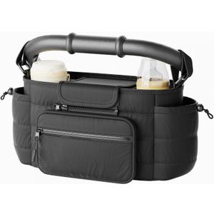 Stroller Organizer Caddy with Insulated Cup Holder & Detachable Phone Purse, Lightweight Universal Stroller Caddy for Busy Moms - Black