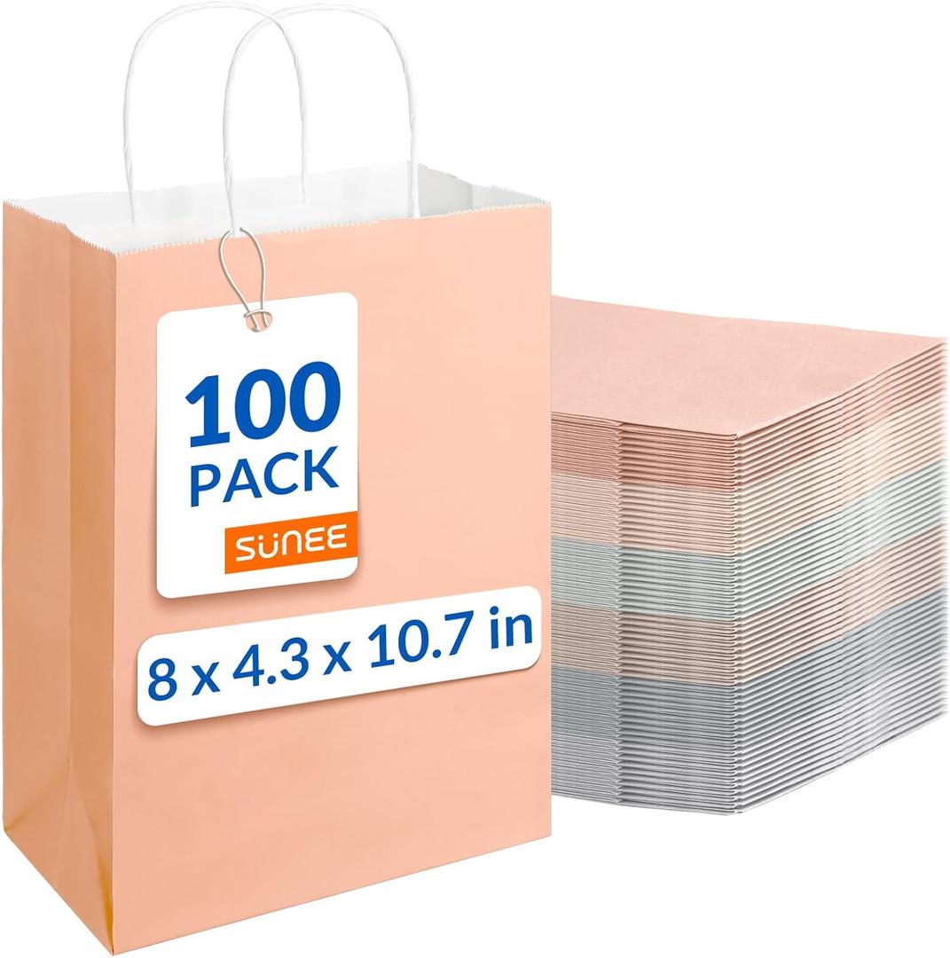 SUNEE Gift Bags with Handles 8x4.3x10.7, 100 Pcs Paper Gift Bags Medium Size Bulk, Muted Color for Wedding, Birthday, Party Supplies and Celebrations