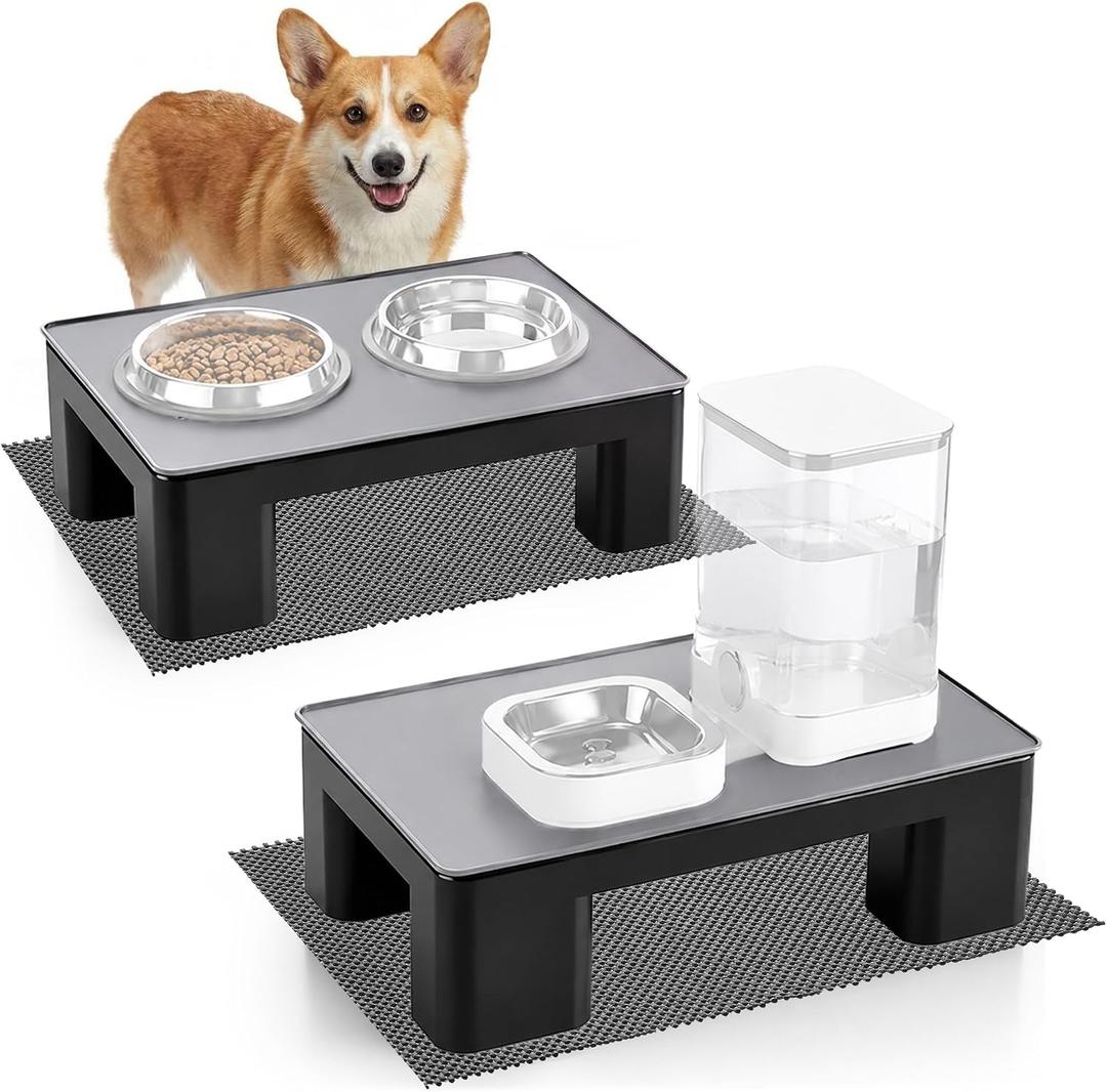 2 Pcs Raised Dog Bowl Stand with Waterproof Dog Food Mat, Non Slip, Black