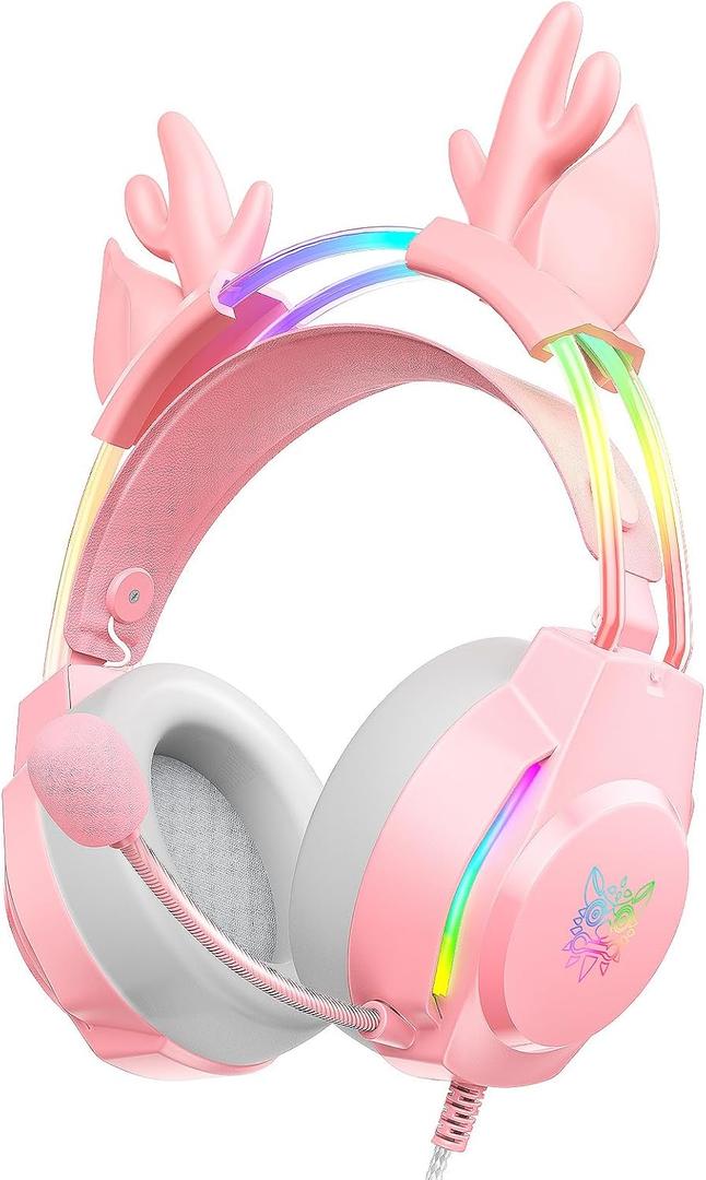 Gaming Headset with Microphone, Deer Ears Headphones for PC Laptop PS4 PS5 Xbox Switch, Rainbow RGB Lighting & Virtual Surround Sound, 3.5mm Over Ear Headphones, Ergonomic