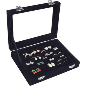 Vicoter Rings Organizer Tray 7 Slots Velvet Jewelry Earring Storage Box with Transparent lid Jewelry Display Case for Girls Wife Mom Women (Black)