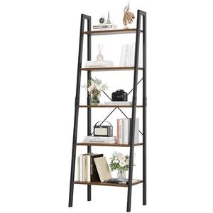 FINETONES 5-Tier Ladder Shelf, Ladder Bookshelf Bookcase with Metal Frame, Plant Rack Display Shelf Accent Furniture for Home Office, Black/Rustic Brown