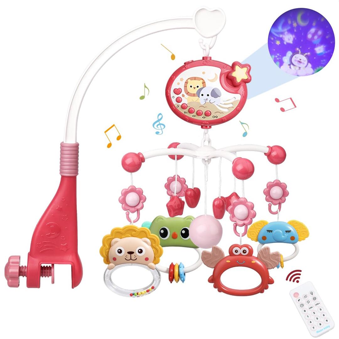 Baby Musical Crib Mobile with Light and Projector, Mobile for Crib with Remote Control  Timming Function, Rotating Hanging Rattles Toy for Newborn(Red)