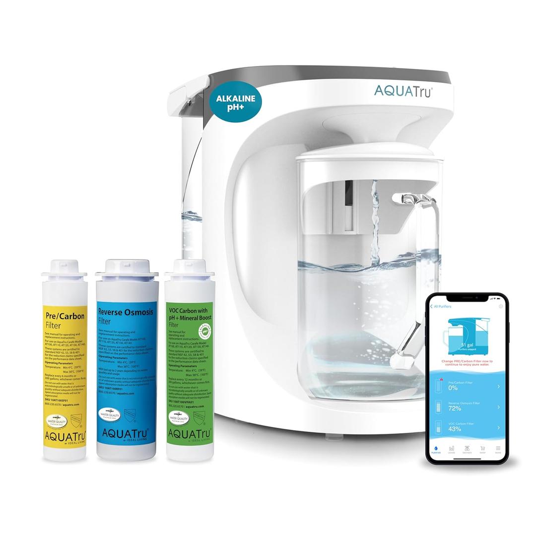 AquaTru Carafe Smart Alkaline Countertop Water Purifier | App-Connected 4-Stage Reverse Osmosis System with Glass Carafe Removes Forever Chemicals, Lead & Fluoride | Adds Minerals | No Plumbing