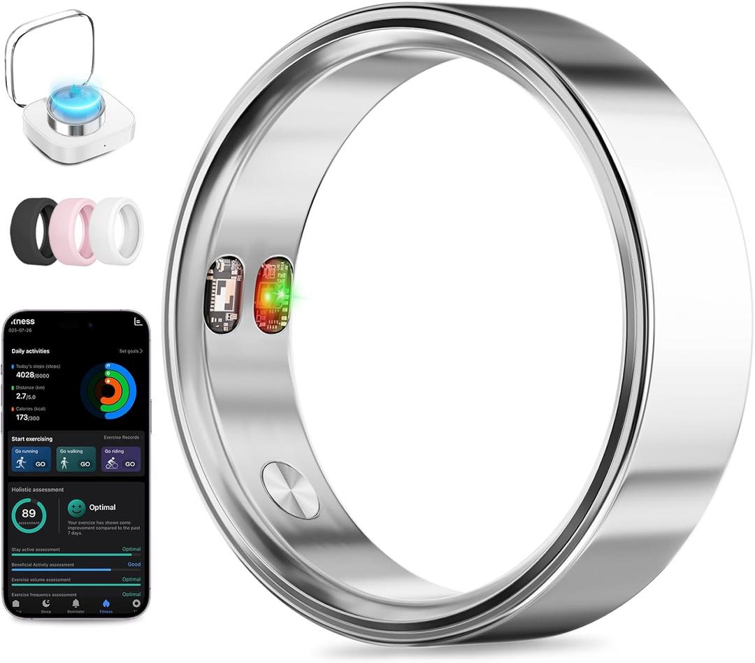 Smart Ring with Vibration Alerts, Health Tracker Ring with Body Temperature Monitor, Heart Rate, Sleep & Fitness Tracking, Waterproof Activity Ring for Men & Women, No App Fees (Silver, 6#)