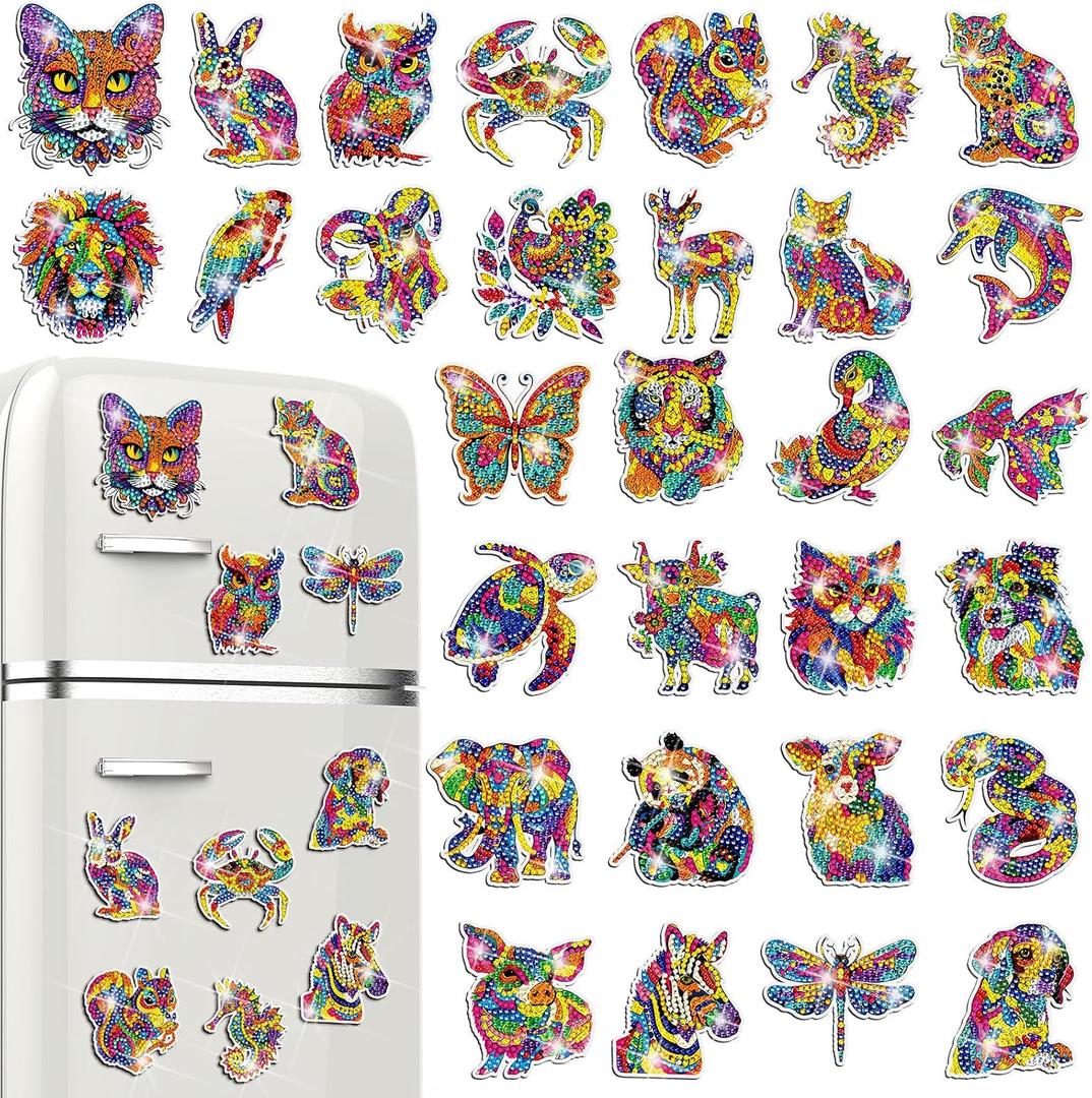 Remuuly 30 Pcs Colorful Animal Diamond Painting Magnets, Summer Diamond Art Magnet Kits for Adults, Hawaiian Tropical Animal 5D Rhinestones Refrigerator Magnetic Stickers for Fridge, DIY Crafts, Gifts