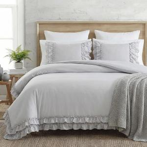 Bedorm Gray Duvet Cover Set King Ruffle Bedding Set Pleat Ruffled Shabby Chic Comforter Cover Extra Soft & Easy Care Gray Boho Duvet Cover with Zipper Closure
