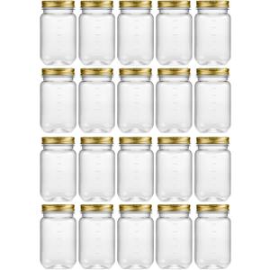 novelinks 16 oz Clear Plastic Jars with Lids, Refillable 16oz Mason Jars with Lids & Storage Containers for Kitchen & Household Use (20 Pack,Gold)