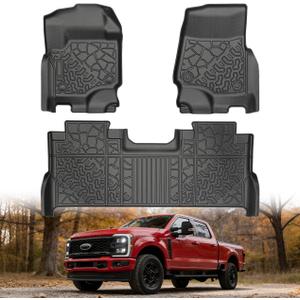 Floor Mats for Ford Super Duty F-250/F350/F450 Crew Cab 2017-2025 TPE Mat - All-Weather 3-Piece Set for Front & Second Row - Black