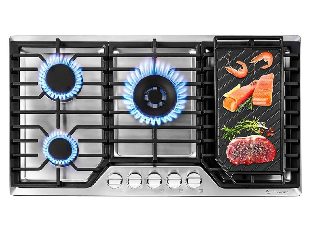 AMZCHEF 36 inch Gas Cooktop with 5 Made in Italy SABAF Power Burners.Max 48300 BTU/hr Built-in Gas Stove top of 304 Stainless steel with Double Sided griddle,NG/LPG Convertible,ETL.
