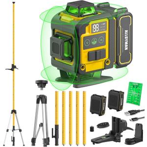 Alloyman 4x360Self Leveling Laser Level, 12 Ft./3.7M Professional Laser Level Pole with Tripod, Green Line Lazer Leveler Tool with 2* Li-ion Batteries for Picture Hanging, Tile, Home Renovation