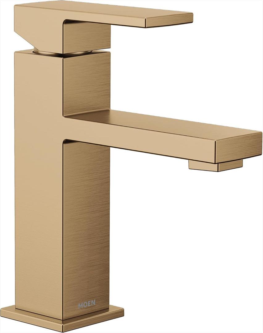 Moen Revyl Bronzed Gold One-Handle Single Hole Modern Bathroom Sink Faucet with Optional Deckplate and Spring Loaded Drain Assembly, 84771BZG
