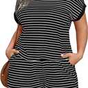 Beautife Womens Plus Size Lounge Set 2 Piece Outfits Stripe Short Sleeve Shirts Tops Shorts Summer Casual Loungewear Black (Black)