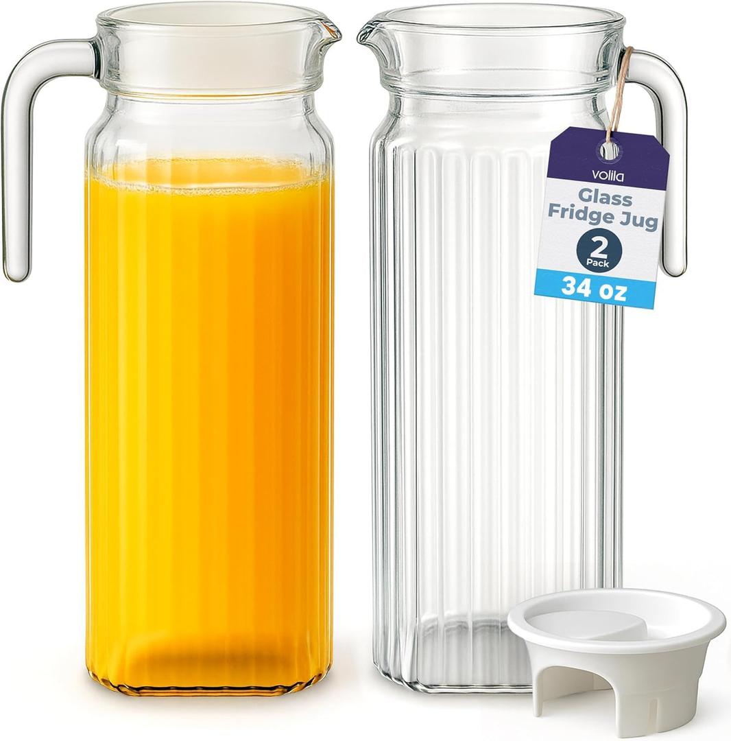 Glass Pitcher - (2 Pack) 1 Liter / 34 oz Clear Glass Pitchers with Handle and Lid - with Ribbed Design and Vented Spout - for Fridge Shelf and Everyday Use (33.8 Ounces)