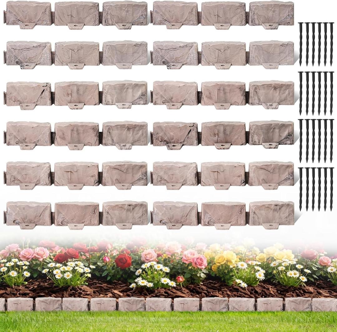 Landscape Edging Faux Stone Garden Edging Border,17FT x 2.75 in Tall Decorative Stone-Look Garden Border for Flower Bed Edging,Lawn,Landscaped Yard,Trees and Gardens,with Anchoring Spikes,Brown