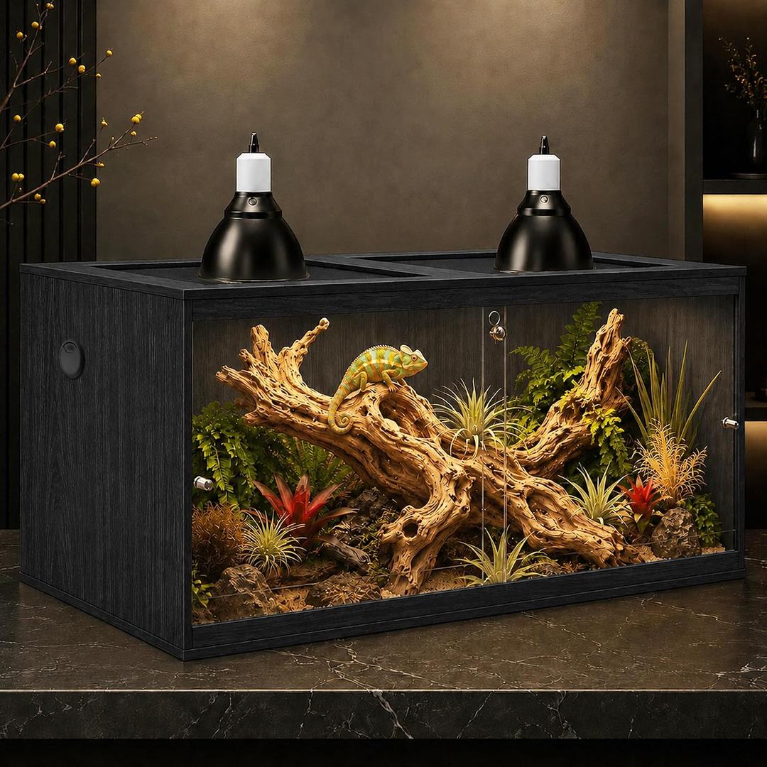 PROLEE 120 Gallon Bearded Dragon Tank, 4x2x2 Reptile Enclosure with Wood Side Panels, Tempered Glass Front Sliding Doors and Ventilated Mesh Roof, Large Lizard Habitat, Black