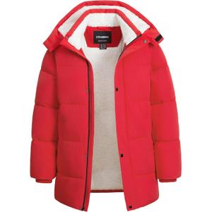 Boys Winter Puffer Jacket Waterproof Hooded Parka Coat with Faux Fur Lining Warm Insulated Outdoor Jacket for Kids (14-16, Red)