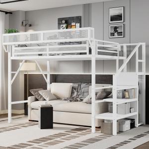 KEIKI Twin XL Size Metal Loft Bed Frame with Convertible Staircase, Built-in Storage Shelves & Wardrobe, Loft Bed with Solid Slat & Guardrail, No Box Spring Required, Easy Assembly, for Bedroom, White
