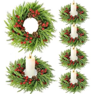 6 Pack Small Christmas Wreath Candle Rings Artificial Pine Branches with Pinecones Red Berries Fake Foliage Pine Needles Picks Candle Rings Holder for Table Centerpiece Home Door Window Chair Wall