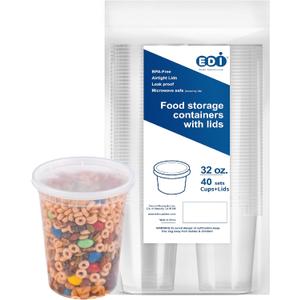 EDI [32 OZ, 40 Sets] Plastic Deli Food Storage Containers with Airtight Lids | Microwave-, Freezer-, Dishwasher-Safe | BPA Free | Heavy-Duty | Meal Prep | Leakproof | Recyclable