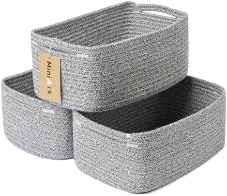 MiniArk Small Storage Baskets for Organizing | Closet Organizer Bins | Shelf Toy Basket | Woven Rope Baskets | Cube Decorative Box | Shallow Basket | 13x8.5x5.1” | 3 Packs Mixed Grey