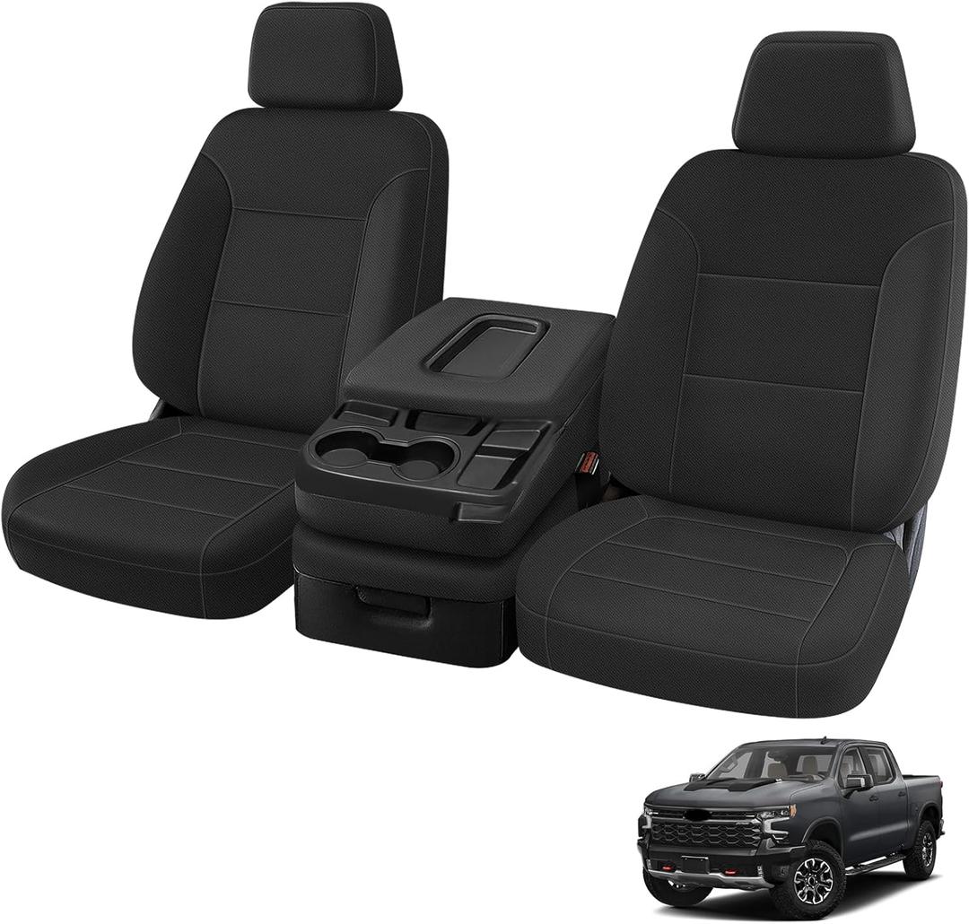 Front Seat Covers Replace for 2019-2025 Chevy Silverado 1500 and GMC Sierra 1500, Knitted Fabric Composite Soft Foam Lining Airmesh Breathable Seat Cover