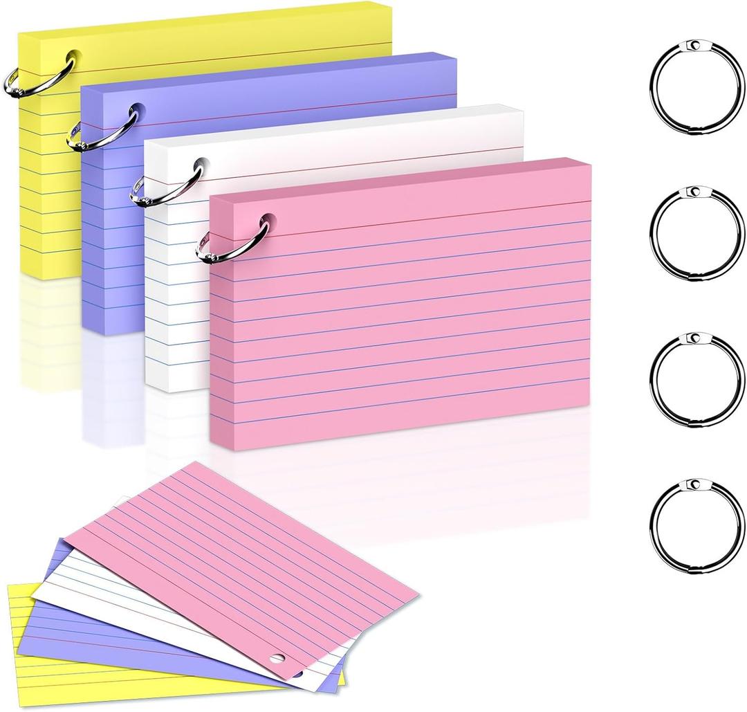 2 x 200 Count 3 x 5 Inch Colored Index Cards with Binder Rings, Lined & Blank Study Cards, Thick Cardstock Flash Cards for Students & Teachers, Color-Coded Notecards for School, Home, Work