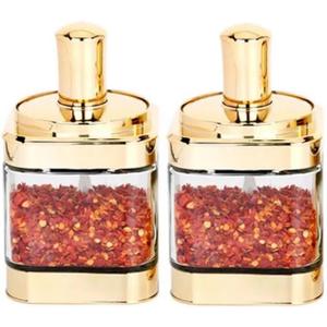 Glass Condiment Spice Jars, 2PC Container with Lids and Spoons, Sugar Bowls Seasoning Box Set, Best Spice jar for Your Home, Kitchen, Counter (Gold(11oz/320 ml))
