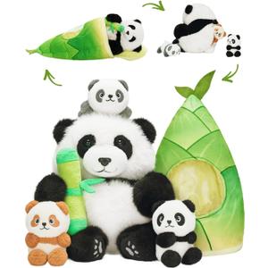 OUOZZZ Panda Stuffed Animals with 3 Babies Inside Panda Bear Plush Toys with 19" Bamboo Shoot Bag - Birthday&Valentines Stuffed Animals Gift for Girls Boys Toddler