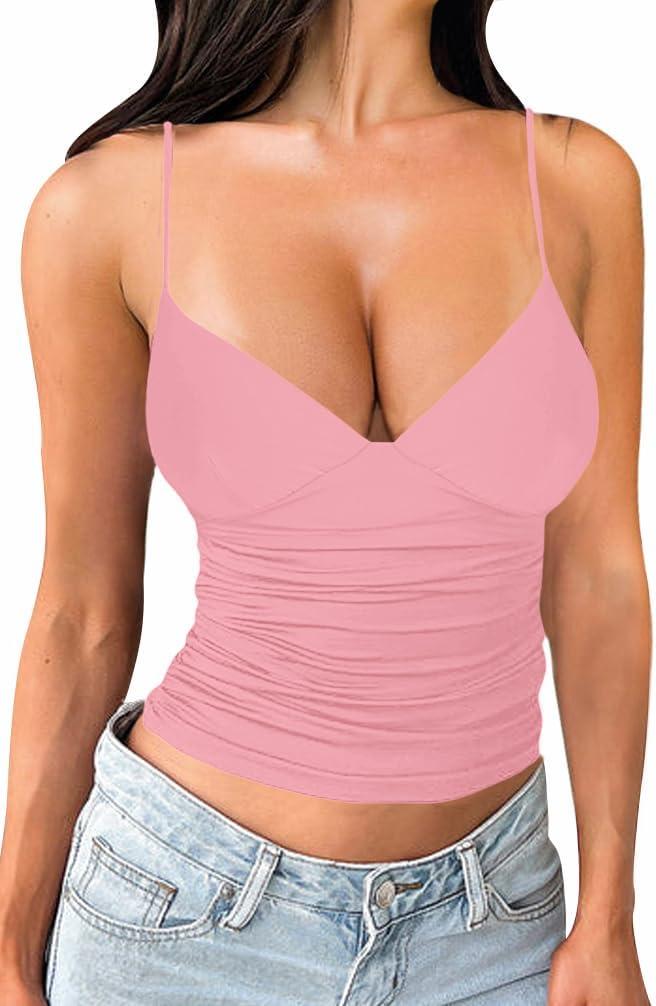 Women's Sexy Deep V Neck Ruched Sleeveless Crop Tank Top Stretchy Spaghetti Straps Slim Fitted Tops (Pink)