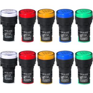 10Pcs AC/DC 24V LED Power Indicator Light, 22mm (7/8 Inch) Mounting Hole Size, Energy Saving Pilot Light for Electrical Panels, CNKAILANELE, (Green Yellow Red Blue White) 24V (Colorful)