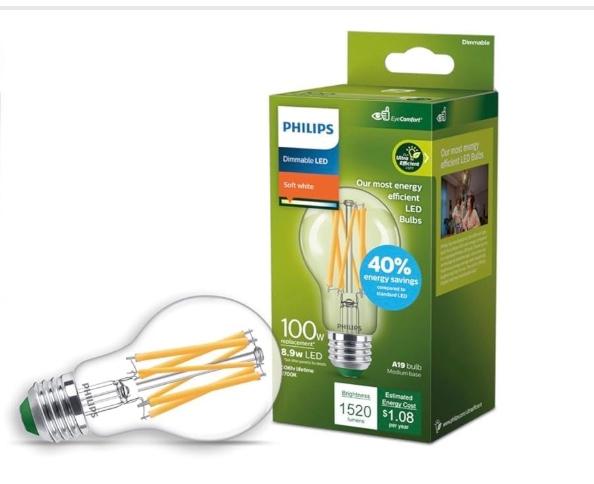 PHILIPS LED 100W A19 1-Pack Ultra Efficient Soft White (2700K) 1520 Lumen (8.9W = 100W) Dimmable Clear Flicker-Free Light Bulbs