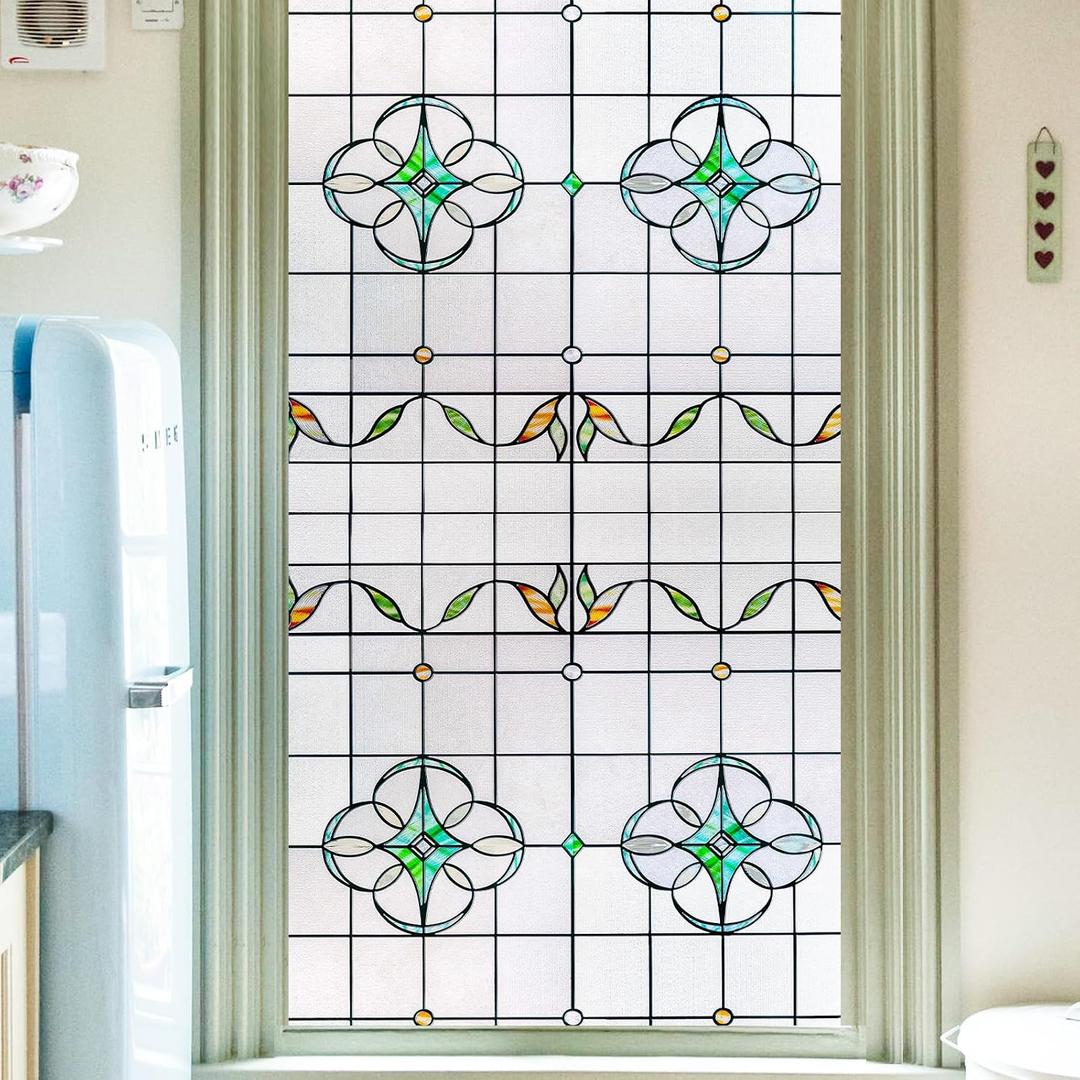 OHTMERU 3D Stained Glass Window Privacy Film, Heat Control UV Blocking Static Cling Decorative Window Film for Bathroom,Front Door,Home Non Adhesive,35.4 x 78.7 inches Verdant Whispers