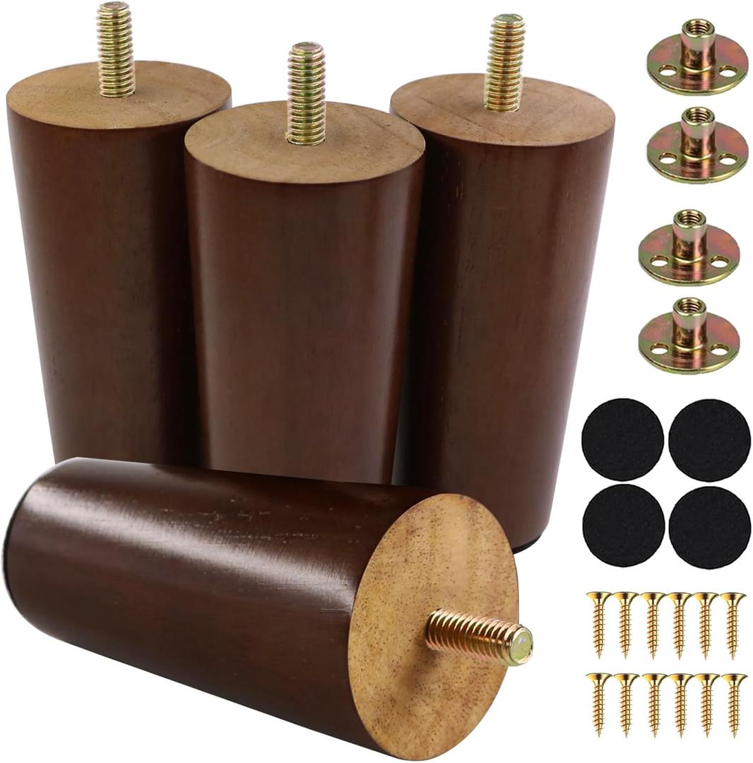 Yaliuliu 4 Inches Round Solid Wood Furniture Legs Set of 4, Brown Wooden Replacement Feet with Threaded 5/16'' Hanger Bolts for Sofa, Couch, Armchair, Cabinet, TV Stand, Ottoman and Dresser