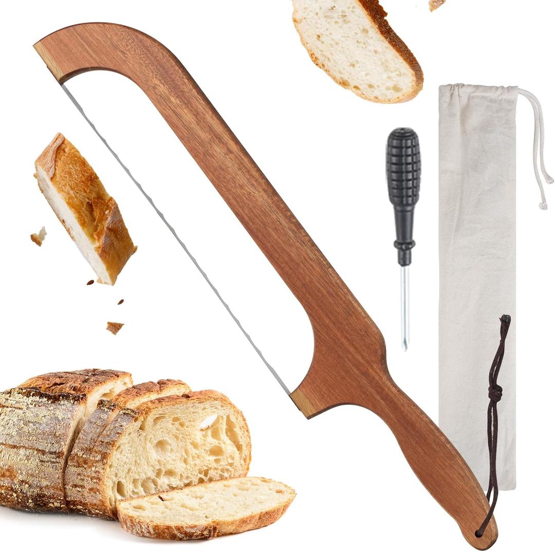 Sourdough Bread Knife,Bread Bow, 15.7'' Serrated Bread Knife for Homemade Bread with Reliable Sourdough Crafting, Ergonomic Handler, Premium Sharpness Blade (Original Wood)